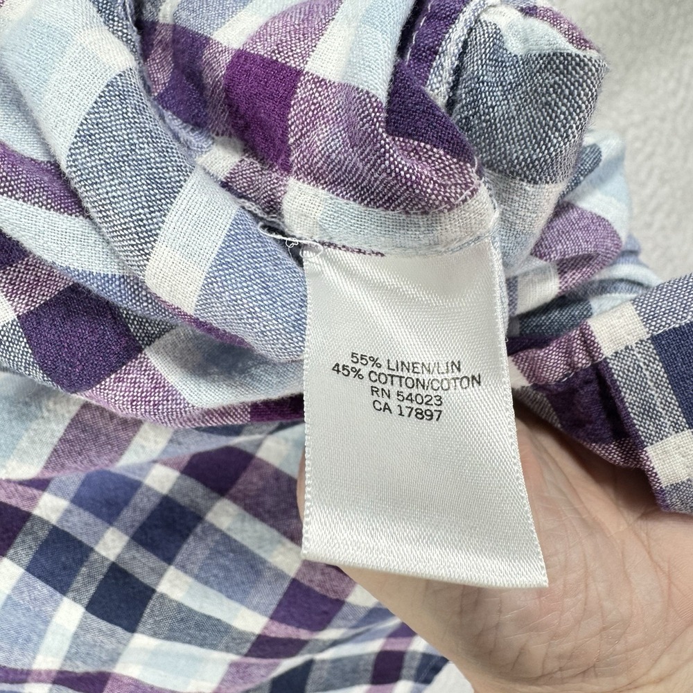 Banana Republic Button Down Shirt Mens Medium Purple Blue Plaid Linen Cotton SS - Picture 4 of 6